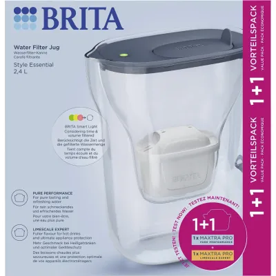Brita Wasserfilter Style Essential | 2,4 l | 1x Maxtra Pro Pure + 1x Pro Extra | Filteranzeige | steinblau