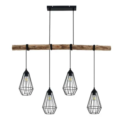 BRUMBERG Pendelleuchte 57405080 | 4x E27 Fassung | längliche Käfigschirme | Holz & Stahl | schwarz matt | 1160 mm Länge