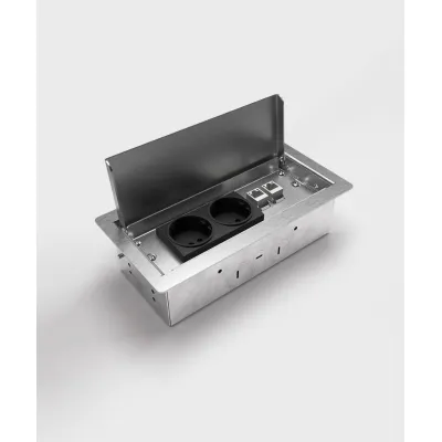 BS BODENSTECKDO Bodensteckdose 3303E-2-1 | 3-fach Klappdeckel | 2x Schuko | 1x RJ45 CAT6 | Edelstahl | IP20 | 220x110mm