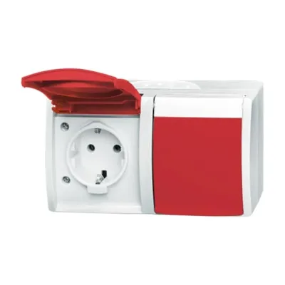 Busch-Jaeger SCHUKO Doppelsteckdose 20/2 EW/DVN-54 | 2-fach Aufputz IP44 | Klappdeckel rot | Beschriftungsfeld | weiß