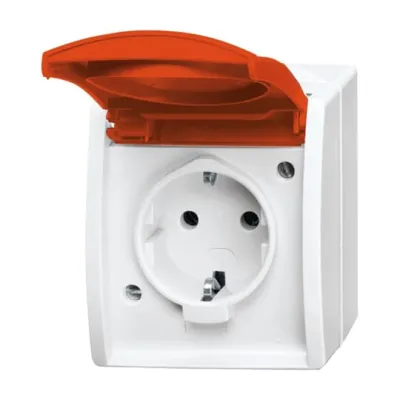 Busch-Jaeger SCHUKO Steckdose 20 EW/DVN-54 | Aufputz | Klappdeckel rot | Beschriftungsfeld | IP44 | 16A | alpinweiß