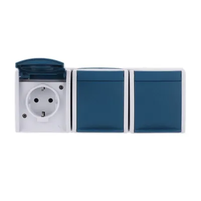 Busch-Jaeger Schuko Steckdose 3-fach 2300/3 EW-53 | Aufputz | IP44 | Klappdeckel | 16A 250V | ocean grau/blaugrün
