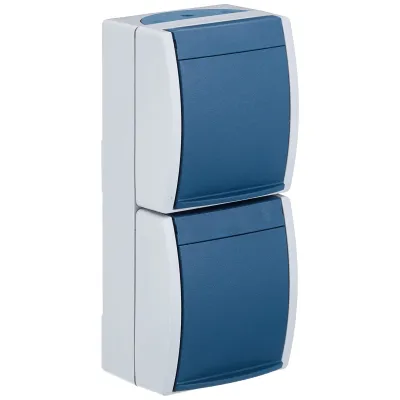 Busch-Jaeger Schuko Doppelsteckdose 2-fach Aufputz | IP44 | senkrecht | Klappdeckel | grau/blaugrün | Kunststoff