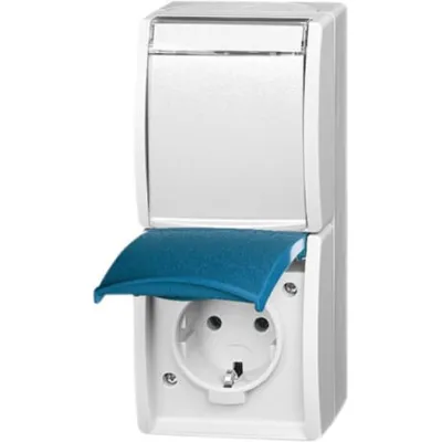 Busch-Jaeger Schuko Doppelsteckdose 2-fach | IP44 | Aufputz | grau/blaugrün | mit Klappdeckel | Beschriftungsfeld