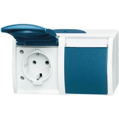 Busch-Jaeger Schuko Steckdose 2-fach 20/2 EWN-53 | Aufputz | IP44 | Klappdeckel | Beschriftungsfeld | grau/blaugrün