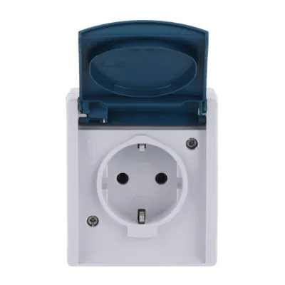 Busch-Jaeger SCHUKO Steckdose 20 EW-53 | Aufputz | Klappdeckel | IP44 | 16A 250V | Steckklemme | grau/blaugrün