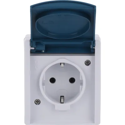 Busch-Jaeger SCHUKO Steckdose 20 EW-53 | Aufputz | Klappdeckel | IP44 | 16A 250V | Steckklemme | grau/blaugrün