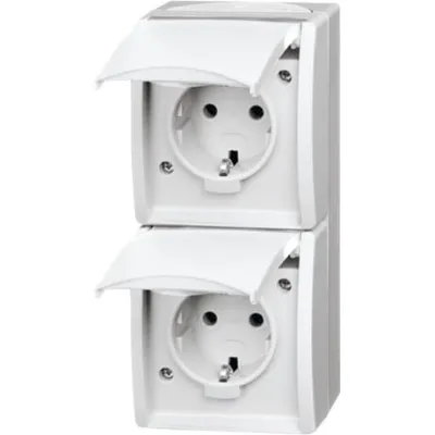 Busch-Jaeger SCHUKO Doppelsteckdose 2-fach Aufputz | IP44 | Klappdeckel | alpinweiß | senkrecht | 20-02 EW-54