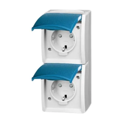 Busch-Jaeger SCHUKO Doppelsteckdose 2-fach Aufputz | IP44 | Klappdeckel | grau/blaugrün | erhöhter Berührungsschutz