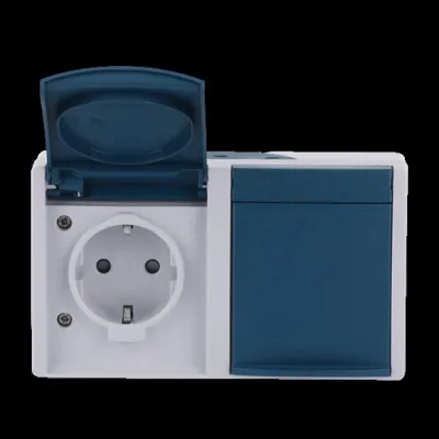 Busch-Jaeger SCHUKO Doppelsteckdose 2-fach Aufputz | IP44 | Klappdeckel | erhöhter Berührungsschutz | grau/blaugrün