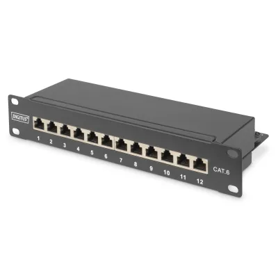 DIGITUS Patchpanel DN-91612S | CAT 6 Patch Panel 12-Port geschirmt | 10 Zoll Rack 1HE | LSA | RJ45 8P8C