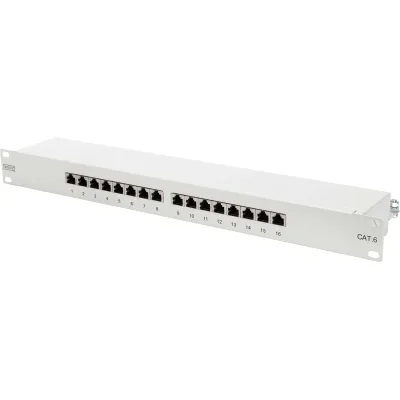 DIGITUS Patchpanel DN-91616S | CAT 6 Klasse E | 16 Port RJ45 geschirmt | 1HE 19" Rack | LSA | grau RAL 7035
