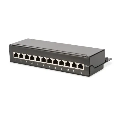 DIGITUS Patchpanel Desktop DN-91612SD-EA | CAT 6A Klasse EA | 12 Port RJ45 geschirmt | LSA Anschluss | schwarz RAL9005