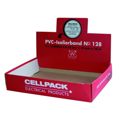 CELLPACK Thekenaufsteller No.128 | 50x Isolierband PVC 19mm x 10m sortiert | Kartonaufsteller | rot
