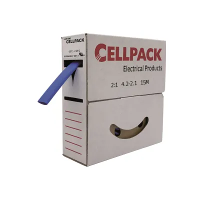 Cellpack Schrumpfschlauch-Abrollbox 127036 | Warmschrumpfschlauch 2:1 | 2,4-1,2mm | dünnwandig | 15m | Polyolefin | blau