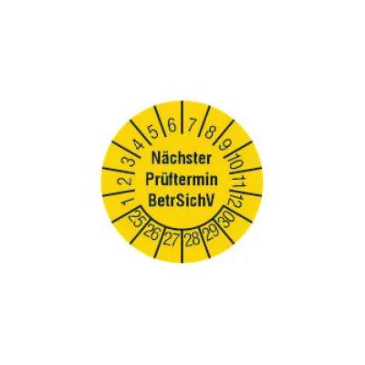 CIMCO Prüfplakette 182709 | Nächster Prüftermin 2026–2031 | rund 15 mm | selbstklebend | PVC Folie | gelb | 240 Stück