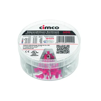 CIMCO Aderendhülsen-Streudose 187603 | isoliert nach DIN 46228-4 | 400 Stück | 0,5-2,5 mm² | farblos | Kunststoff