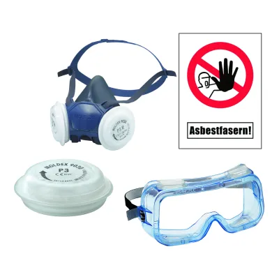 Cimco Asbest Schutzausrüstungsset 145090 | Halbmaske mit 6x P3 Filtern | Schutzbrille | Overall | Warntafel | Mehrweg