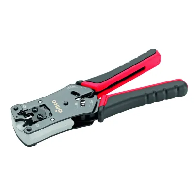 Cimco Crimpzange 106200 für RJ10, RJ11, RJ12, RJ45 | Ratsche, Abisolier- & Schneidfunktion | 292mm Schwarz/Rot