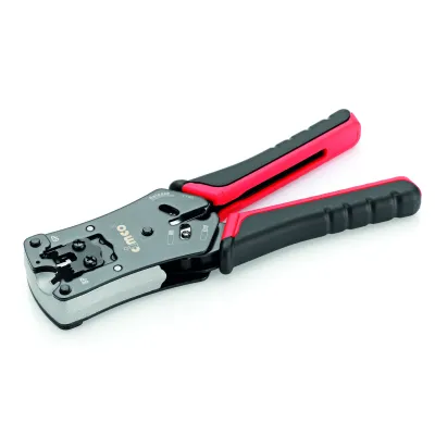 Cimco Crimpzange 106200 für RJ10, RJ11, RJ12, RJ45 | Ratsche, Abisolier- & Schneidfunktion | 292mm Schwarz/Rot