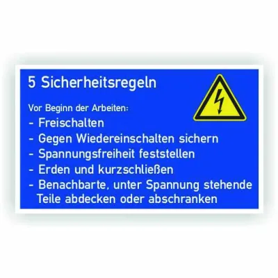Cimco Gebotschild 182746 | GS 5 Sicherheitsregeln nach DIN 40008 | Kunststoff PVC | 200x120 mm | blau