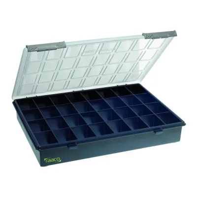 Raaco Sortimentskasten 415414 | 32 Fächer | Kunststoff | 340x260x57mm | Profi Kleinteilebox | anthrazit-blau-transparent