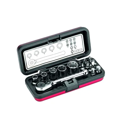 Cimco Steckschlüssel-Bit-Box 16-tlg. | Mini-Umschaltknarre | 1/4 Zoll Adapter | Aluminiumkassette | Chrom-Vanadium Stahl