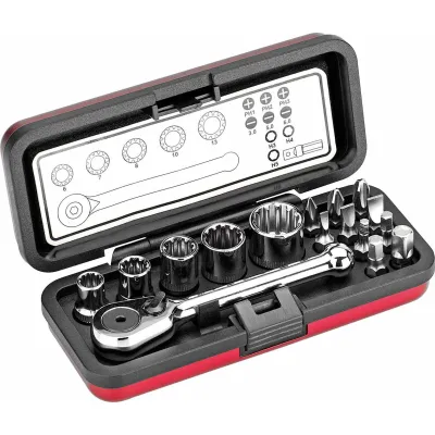 Cimco Steckschlüssel-Bit-Box 16-tlg. | Mini-Umschaltknarre | 1/4 Zoll Adapter | Aluminiumkassette | Chrom-Vanadium Stahl