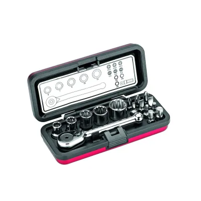 Cimco Steckschlüssel-Bit-Box 16-tlg. | Mini-Umschaltknarre | 1/4 Zoll Adapter | Aluminiumkassette | Chrom-Vanadium Stahl