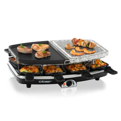 Cloer Raclette-Grill 6435 | 8 Pfännchen | Naturstein & Alu-Druckguss | 1200W | abnehmbare Platten | schwarz