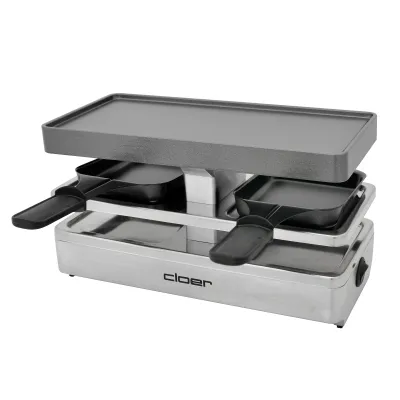 Cloer Mini Raclettegrill 6495 | Raclette für 1-2 Personen | 2 Pfännchen | Antihaft-Grillplatte | 400W | silber