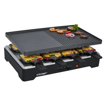 Cloer Raclettegrill 6446 | Raclette Grill 8 Pfännchen | 1200W | antihaft Grillplatte | Temperaturregler | schwarz