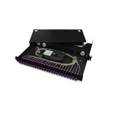 Corning LANscape Spleißbox LAN1-48AV-PGTL-B | 24x LC-Duplex | OM4 50/125 µm | 1HE 19" ausziehbar schwarz