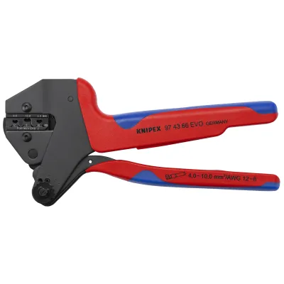 KNIPEX Crimp-Systemzange 97 43 66 EVO | MC4 EVO2 Solar-Steckverbinder | 200mm | austauschbare Einsätze | rot/blau