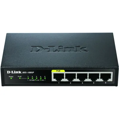 D-Link DES-1005P/E Fast Ethernet Switch | 5-Port | 1x PoE | lüfterlos | Desktop | Metallgehäuse | schwarz