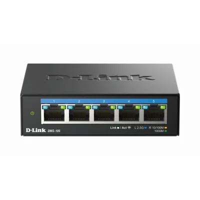 D-Link Switch DMS-105/E | 5-Port 2,5G Multi-Gigabit Unmanaged Desktop | Metallgehäuse | lüfterlos | QoS | kompakt