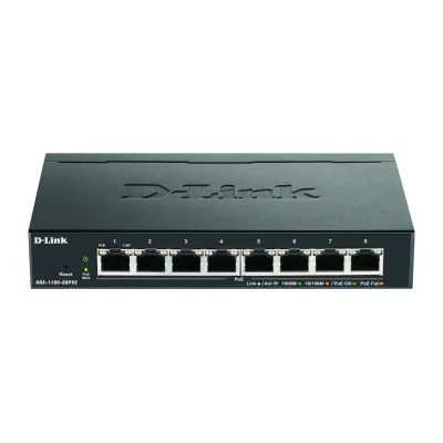 D-Link Netzwerk-Switch DGS-1100-08PV2/E | 8-Port Gigabit Smart Managed | PoE+ 64W | Layer 2 | lüfterlos | Schwarz