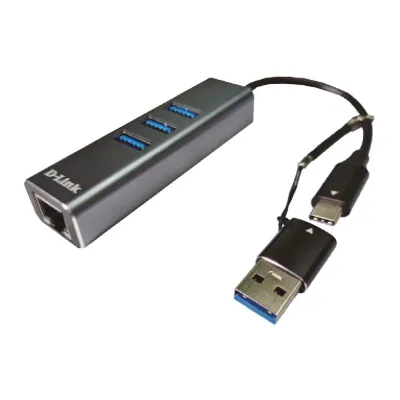 D-Link USB-C/USB Gigabit Ethernet Adapter DUB-2332 | 3x USB 3.0 Ports | RJ45 LAN | Plug & Play | Aluminium Grau
