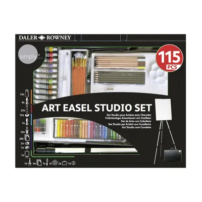 Daler Rowney Künstler Malset 115-teilig mit Staffelei | Acrylfarben Aquarell Ölpastell Buntstifte Papier | Weiß