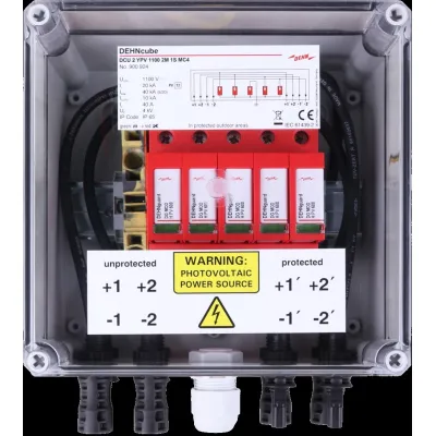 DEHN Generatoranschlusskasten DCU 2 YPV 1100 2M 1S MC4 | DC-Stringbox PV | 2 MPPT | 1100V DC | 40A | IP65 | grau
