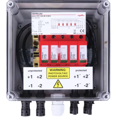 DEHN Generatoranschlusskasten DCU 2 YPV 1100 2M 1S MC4 | DC-Stringbox PV | 2 MPPT | 1100V DC | 40A | IP65 | grau