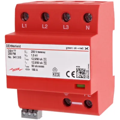 DEHN Kombiableiter DSH TT 255 FM | Überspannungsschutz Typ 1+2 | 4-polig | 230V | 50kA | Hutschiene