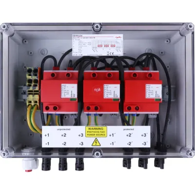 DEHN Generatoranschlusskasten DCU 2 YPV 1+2 | Photovoltaik Stringbox Typ 1+2 | 1200V | 40A | IP65 | 3 Eingänge | grau