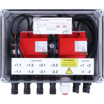 DEHN Generatoranschlusskasten DCU 2 YPV 1+2 900987 | DC-Stringbox Typ 1+2 | 1200V 40A | IP65 | 4 Strings | MC4 | grau