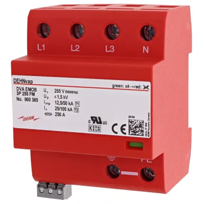 DEHN Kombi-Ableiter DVA EMOB 900385 | Typ 1+2+3 Überspannungsschutz | 4-polig | 230/400V AC | Hutschiene | IP20