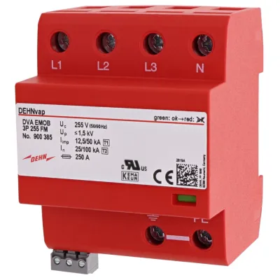 DEHN Kombi-Ableiter DVA EMOB 900385 | Typ 1+2+3 Überspannungsschutz | 4-polig | 230/400V AC | Hutschiene | IP20