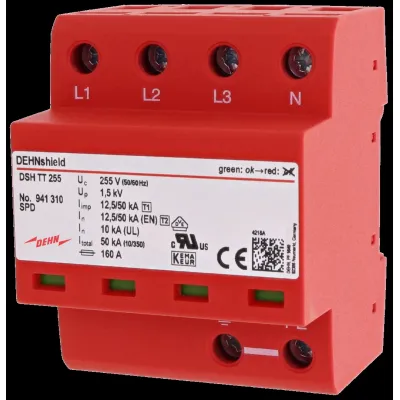 DEHN DSH TT 255 | Kombi-Ableiter Typ 1+2 | 4-polig | 230V | 50kA | für TN-S/TT | Hutschiene | IP20 | 4TE