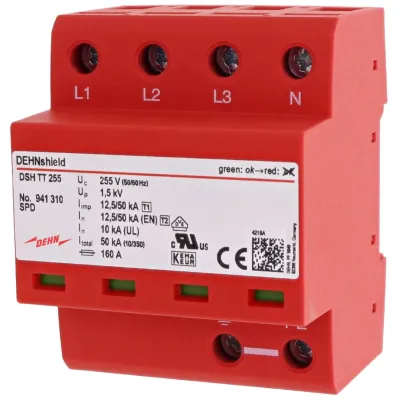 DEHN DSH TT 255 | Kombi-Ableiter Typ 1+2 | 4-polig | 230V | 50kA | für TN-S/TT | Hutschiene | IP20 | 4TE