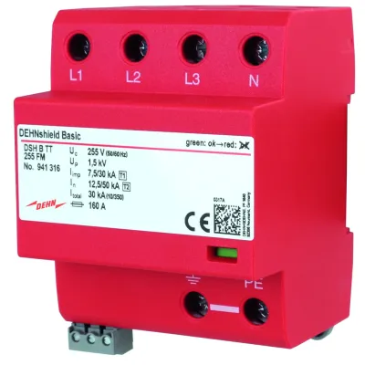 DEHN Kombi-Ableiter DSH B TT 255 FM 941316 | Überspannungsschutz Typ 1+2 | 4-polig | TT/TN-S | 230V | 1,5kV | Hutschiene
