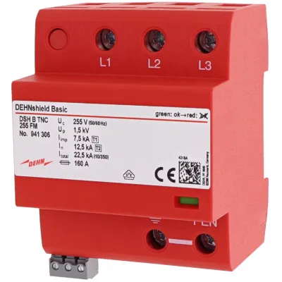 DEHN Kombi-Ableiter DSH B TNC 255 FM 941306 | Typ 1+2 Überspannungsschutz | TN-C 3-polig | 230V | 22,5kA | IP20